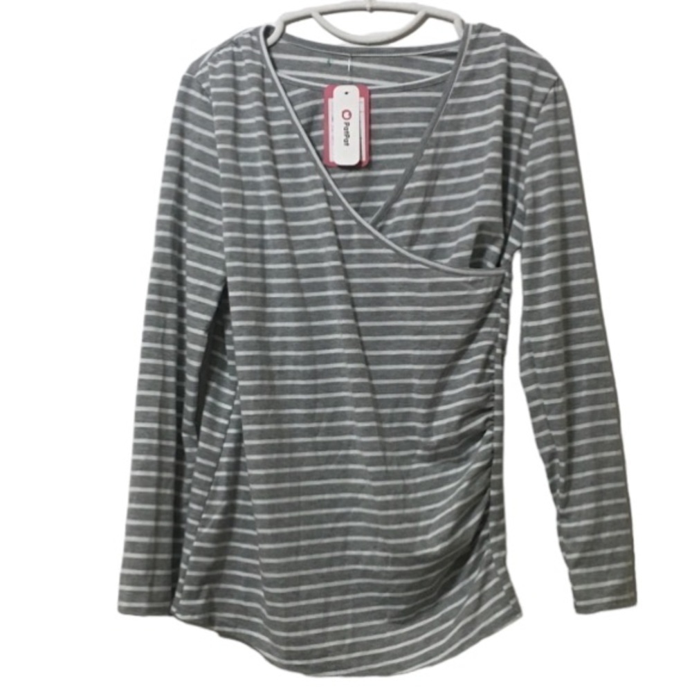 NWT PatPat Gray and White Striped Long Sleeve V Neck Maternity Shirt Size Large